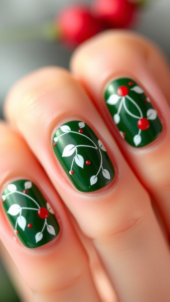 Short nails with green mistletoe design and white berries for Christmas.